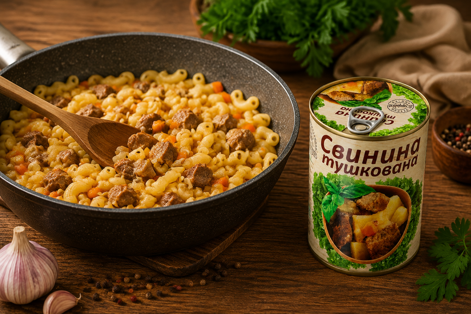 Макарони з тушонкою на сковороді L’appetit