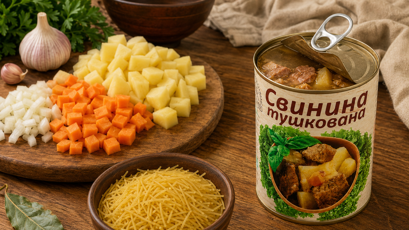 Інгредієнти для супу з тушонкою та вермішеллю L’appetit